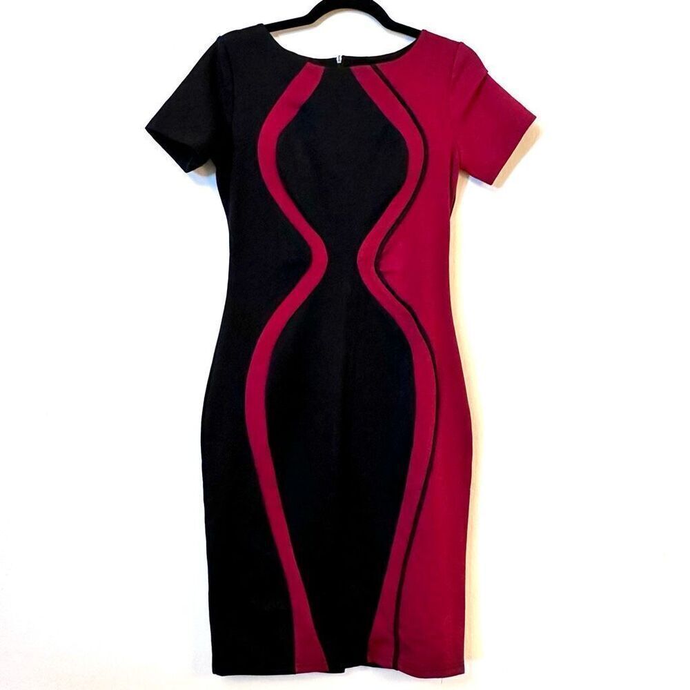 NWT Mabeler Colorblock Optical Illusion Bodycon Pencil Dress Red & Black Large